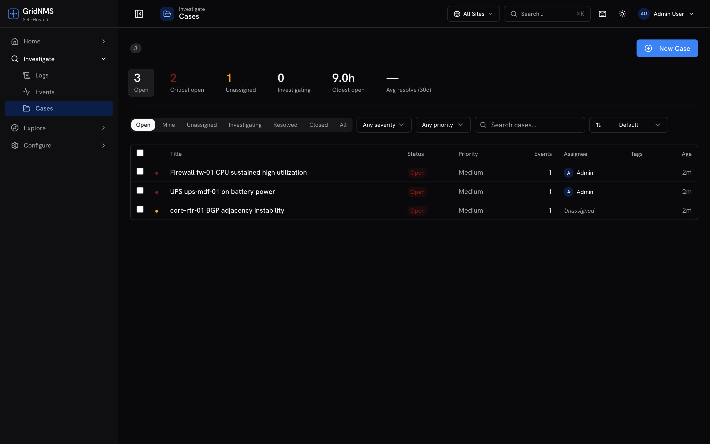 A case grouping multiple related events with severity, affected devices, and status.