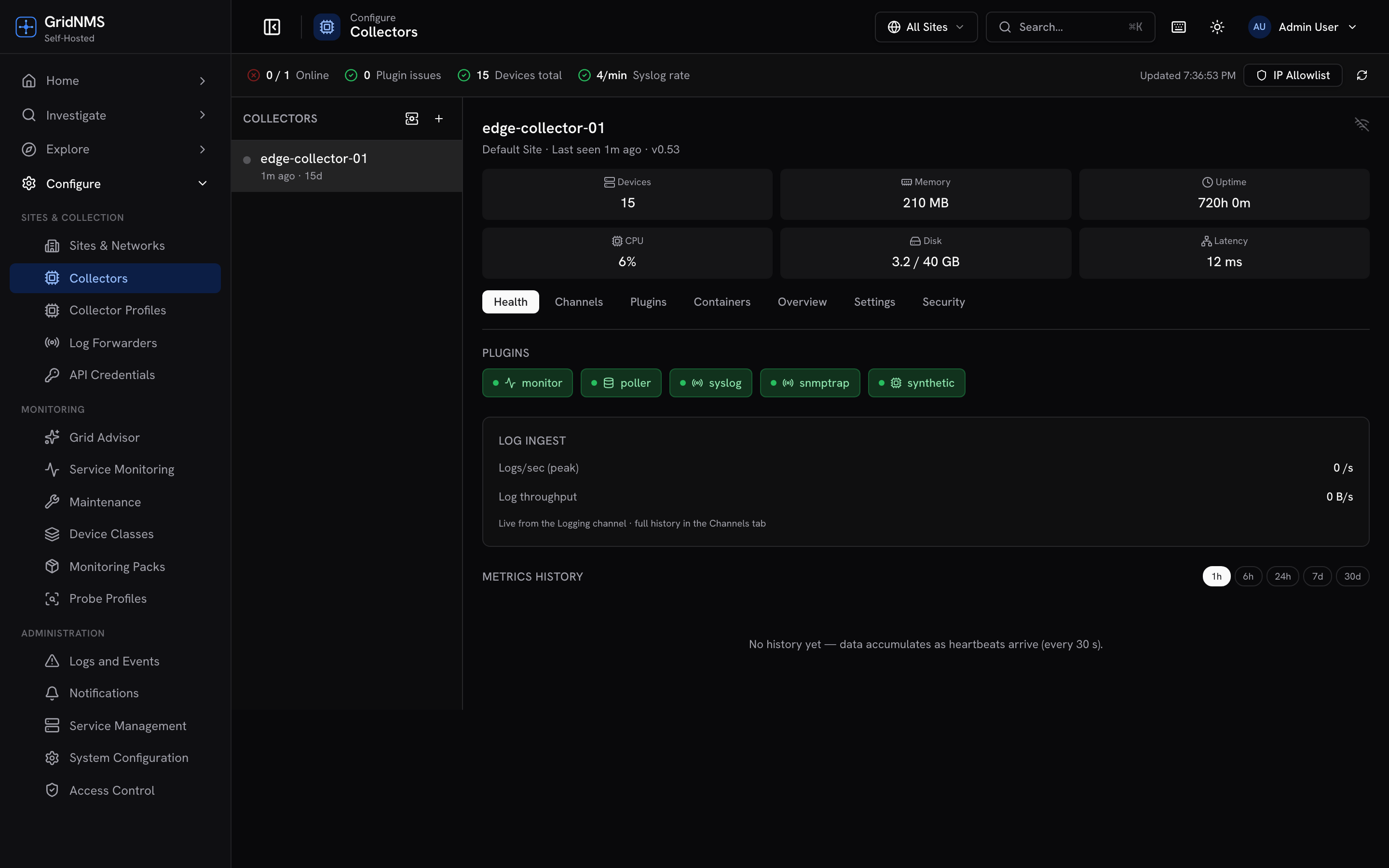 The collectors page: connected collectors with health, assigned networks, and version.