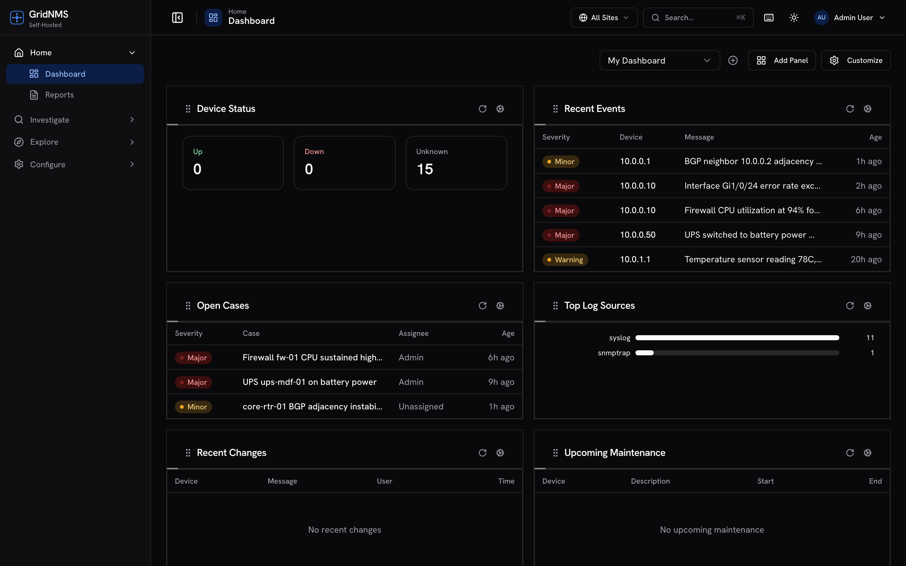 The GridNMS dashboard with device status counters and an open-events panel ranked by severity.