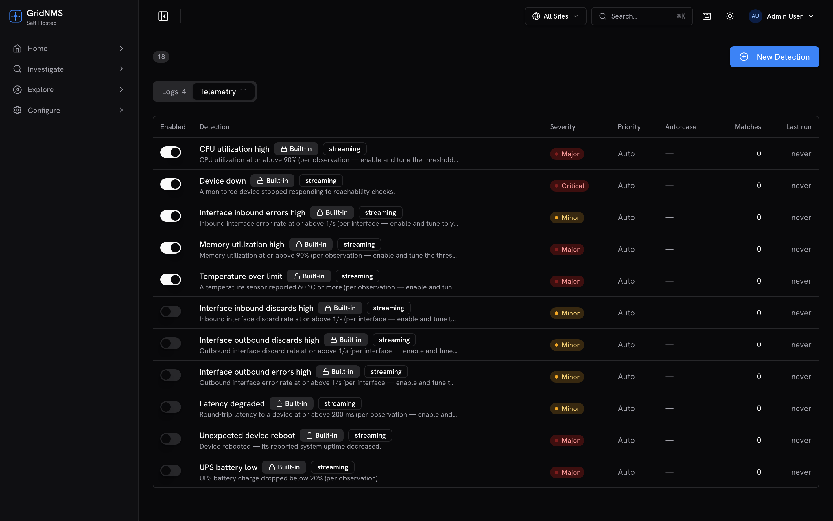 The detections list: YARA-L rules over logs and metrics with severity, source, and match counts.
