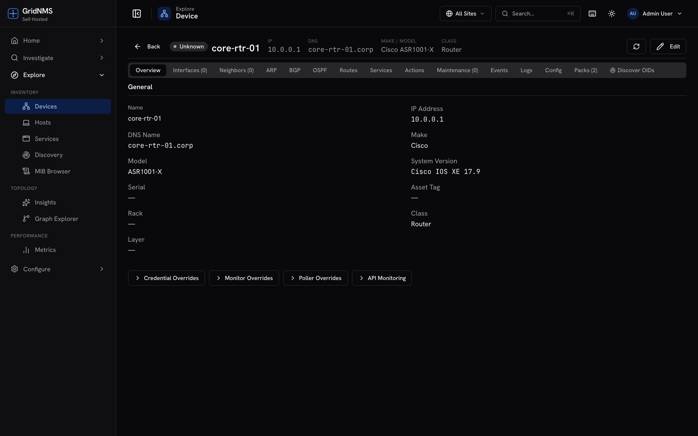 A device detail page for a router, with dynamic tabs for interfaces, neighbors, routing protocols, services, and logs alongside its identity and inventory details.