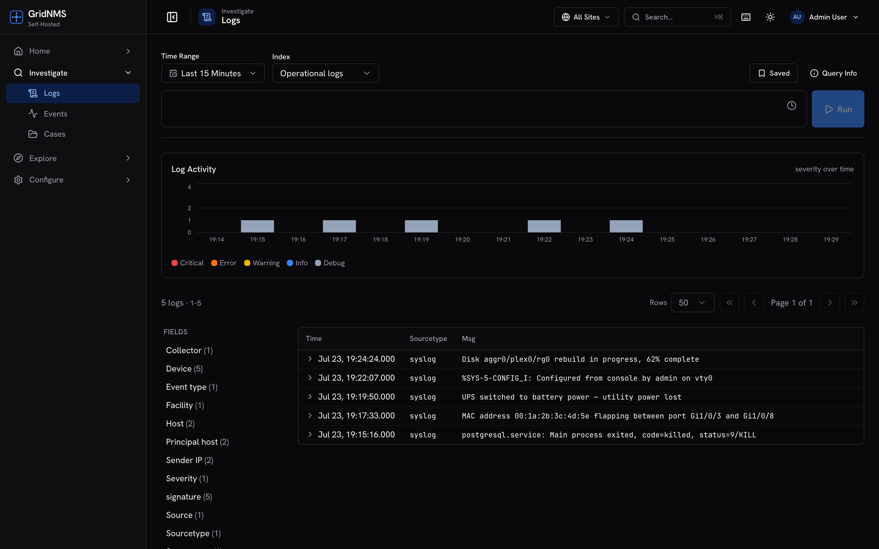 Log search across the fleet with structured fields, severity, and a time histogram.